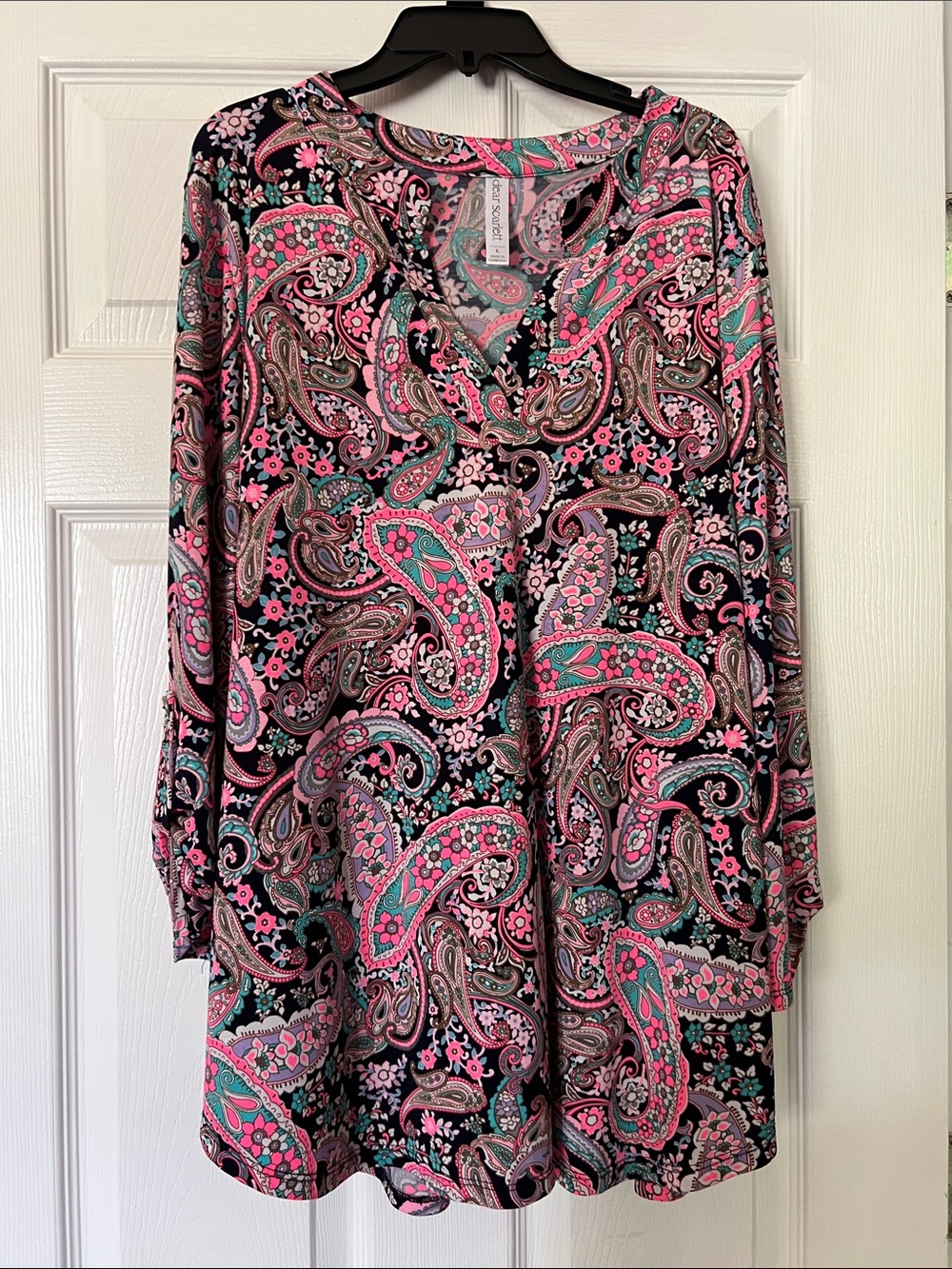 Paisley Split-Neck Tunic Top - Pink/Black